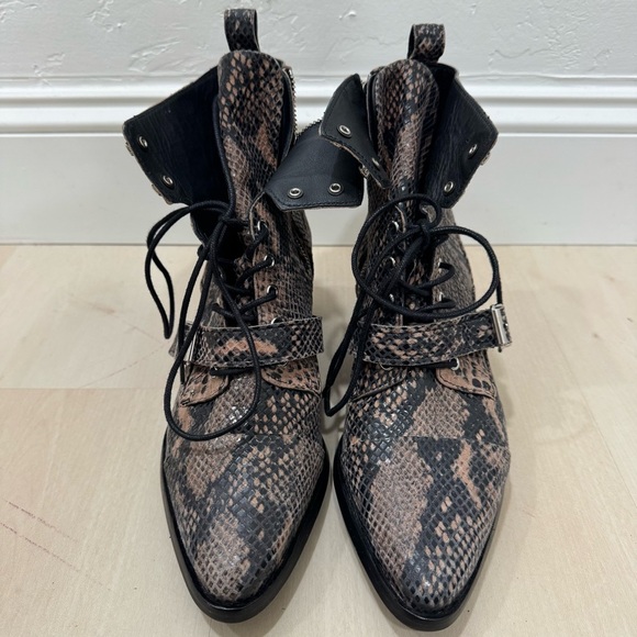 AllSaints Katy Leather Boots Taupe Snake Print Women EU 40 US 10 Heeled Lace Up - Picture 9 of 16